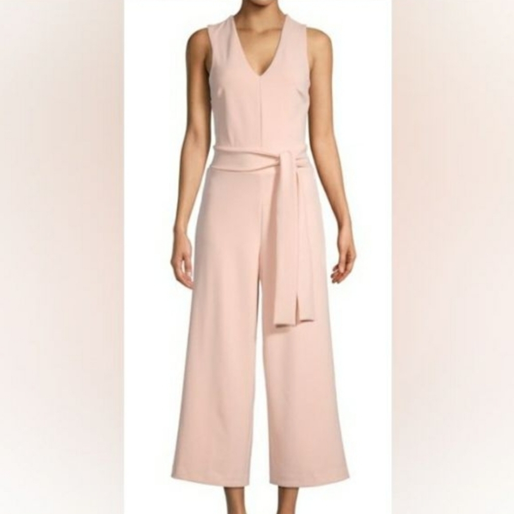 Sleeveless V-Neck Tie-Waist Wide-Leg Jumpsuit in Blush